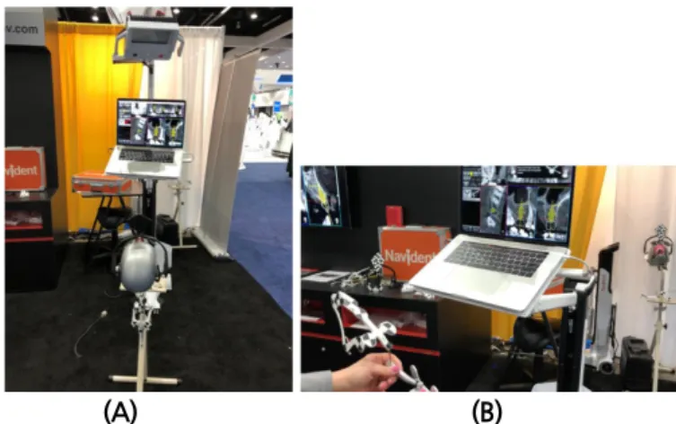 Fig. 2. Navident system from ClaroNav. (A) System overview, (B) Handpiece tracking array is shown on the  left side and patient tracking array is mounted at the manikin head on the right side.