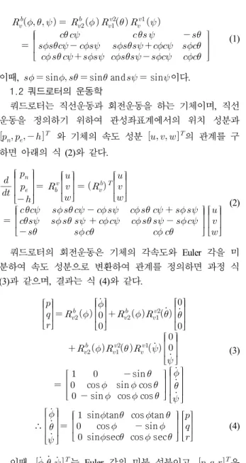 그림 1. 쿼드로터 모델링 좌표 시스템.