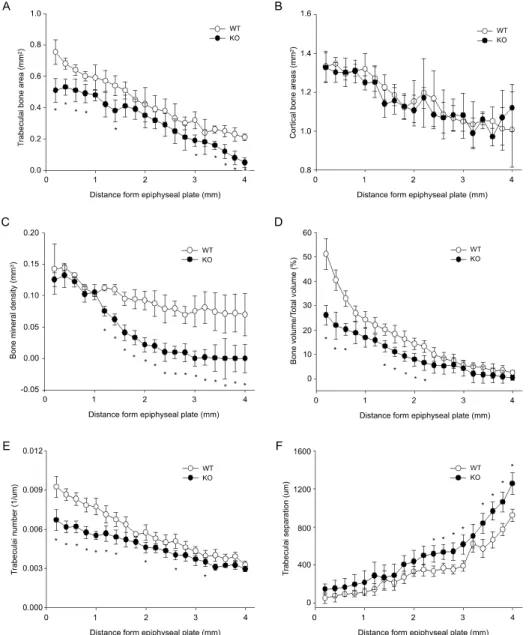 Fig.  2. Curve-fit  analysis  of  trabecular  a),  cortical  bone  area  b)  and  various  trabecular  bone  microarchitecture  (c~f)  were  represented