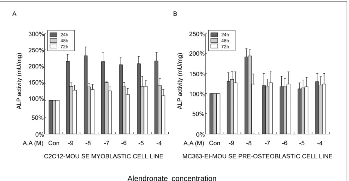 Fig.  2.  Effects  of  different  alendronate  concentrations  on  ALP  activity  in  C2Cl2  and  MC3T3-E1  cells.