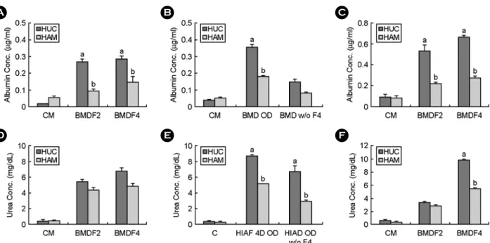Figure 2. Comparison of  differentiation in HUC- and HAM-derived hepatocytes. Secretion of  albumin and urea by  HUC and HAM after differentiation for 3 weeks in vitro