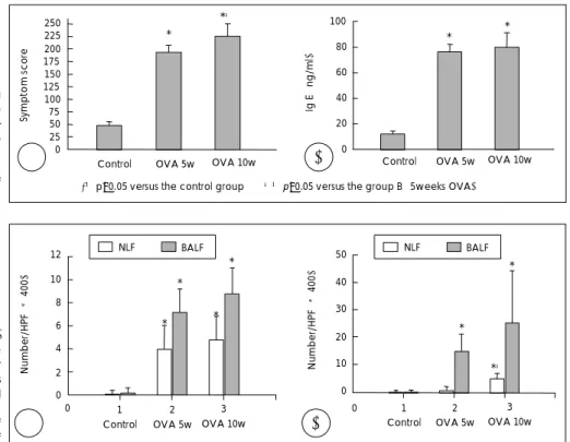 Fig. 2. Allergic symptom score (A) and the concentration of OVA-specific Ig  E (B). A：The symptom scores of group B and C were higher than that of  con-trol group