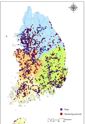 Fig. 2. Status of regional distribution of workplaces subject  to intergrated permit and measurement network in  the four big river basin.