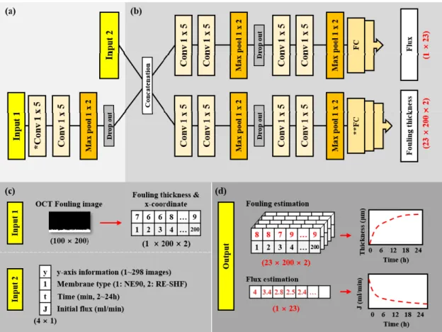 Fig. 6. Illustration of CNN model structure and input; (a) feature extraction, (b) fouling thickness, (c) input preparation, and (d) output preparation (Modified from Park et al., 2019)