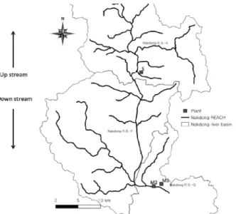 Fig. 1. Sampling site of Nakdong river waegwan watershed. 원수,  전오존수,  침전수,  여과수,  후오존수,  활성탄 처 리수,  정수에 대하여 각각 3회를 분석하였다