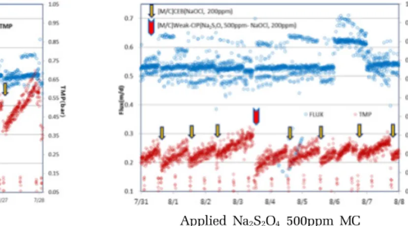 Fig. 15. Cleaning effect of Na 2 S 2 O 4  500 ppm by submerged  method. 하지만 장기간 운전에 따라 누적되는 잔여의 산화망간 오염에 의해 결국 TMP는 상승하게 된다