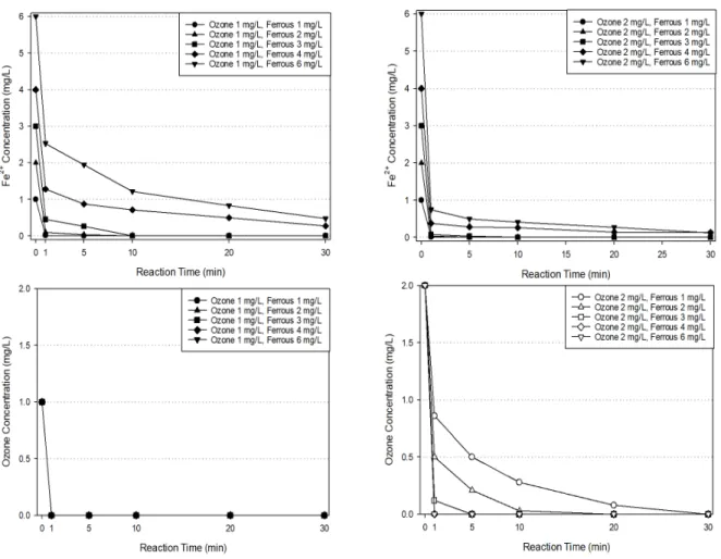 Fig. 4. Degradation of ferrous &amp; ozone by ozonation with various ferrous concentration in raw water.