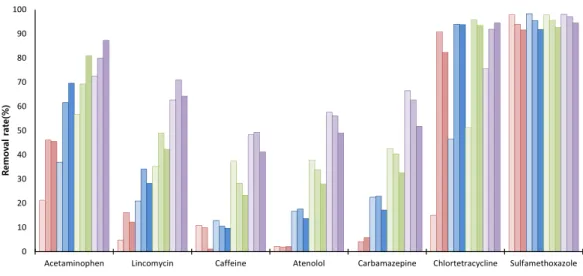 Fig. 15. Removal rate of carbamazepine  by UV/H 2 O 2  (10 mg/L)  to different water type.