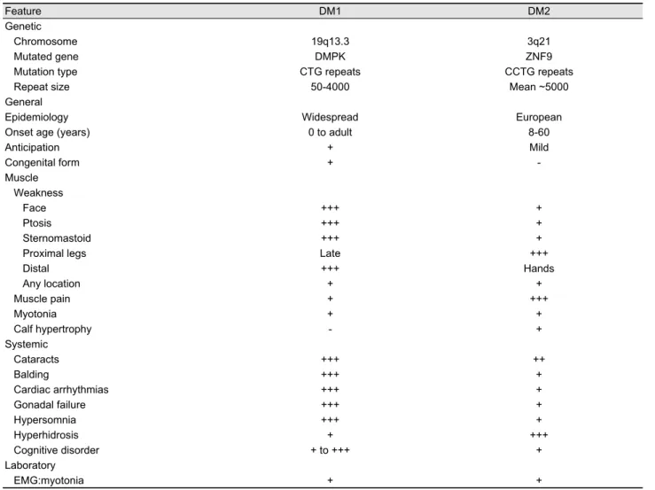 Table 2. Comparative features of DM1 and DM2