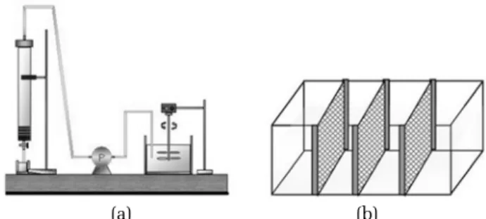 Fig. 1. Schematic diagrams of (a) the packed column and  (b) the horizontal flow mesh reactor.
