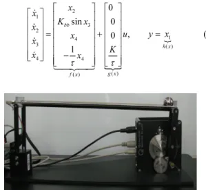 그림  2는  시뮬레이션  및  실험에  사용된 QUANSER사의  BB01(Ball and Beam) 과 SRV02(DC Servo motor)로  제어입력인  SRV02 의  입력전압을  조절하여  모터의  각을  변화시키고  다시  모터의  각은  빔의  각을  변화시킴으로써  공의  위치를  제어하 는  시스템이다
