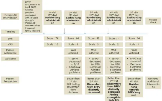 Figure  1.  Timeline  analysis  of  this  case.  This  figure's  categories  such  as  Therapeutic  intervention,  Timeline,  Disease  status(DHI,  VAS),  Patient  adherence,  Outcome,  Patient  perspective follow the CARE guideline.