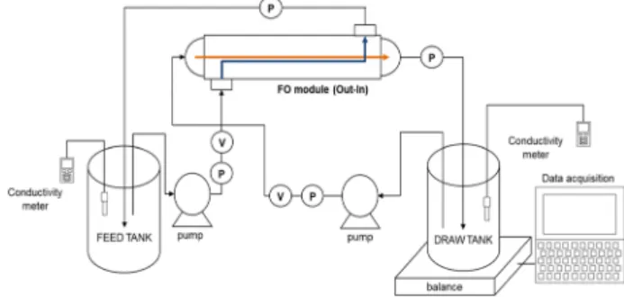 Fig. 1. Schematic illustration of pilot scale hollow fiber FO  module test system.