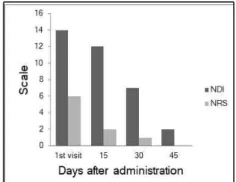 Figure 3. Changes of NDI and NRS of the  2nd  case.  NDI,  Neck  Disability  Index. 