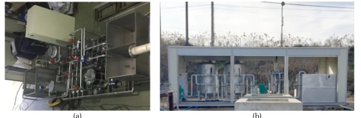 Fig. 2. Pictures of water treatment system: (a) Lab.-scale (b) Pilot-scale.