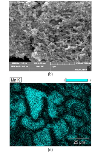 Fig. 6. (a) Precipitates after chlorine contact, (b-c) Scanning electron microscope images of precipitates, (d) Energy dispersive spectrometer images for Mn.