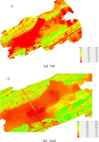 Fig. 7. Concentration maps of chlorophyll-a concentration  of study sites  하천의  클로로필-a  농도를  한눈으로  확인할  수  있으 며,  클로로필-a  농도가 지점에 따라 다르게 나타난 것 을  볼  수  있다