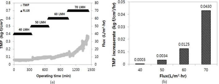 Fig. 2. Evaluation of critical flux; (a) TMP and flux changes with time and, (b) TMP increase rate(dP/dt).