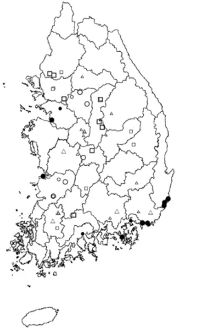 Fig. 1. Distribution map of investigation PSTWs above 500  m 3 /day facility capacity according to effluent limit  region grade (Small type : 2014, Large type : 2015).
