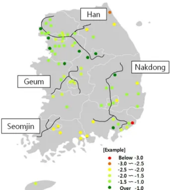 Fig. 4. Plot according to corrosion of LI at 70 water treatment  plants in Korea. 범위가 비교적 크지 않으나,  다른 수계에 비해 부식성 이 강하게 나타나고 있는 것을 알 수 있다