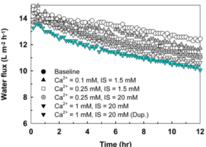 Fig. 6. Normalized permeate flux trends for various concentrations  of Ca 2+  and ionic strength in the presence of humic  acid
