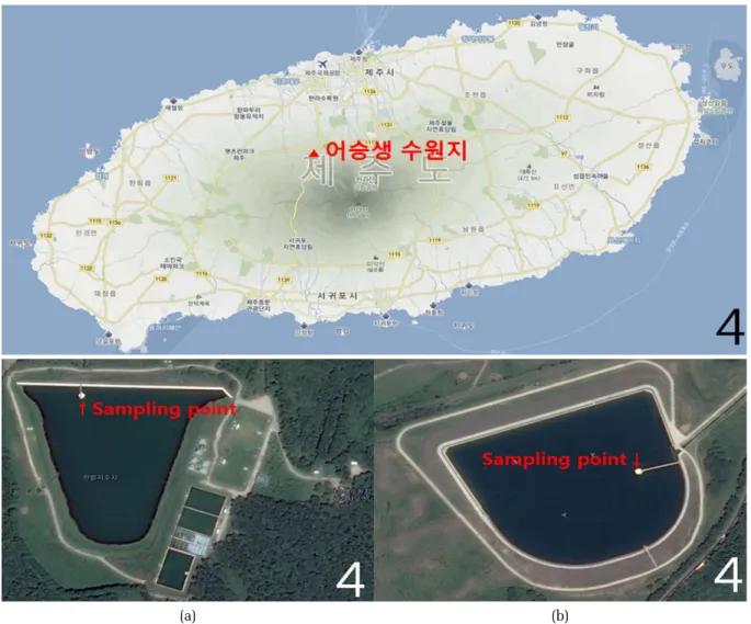 Fig. 1. Location of Eoseungsaeng lake and sampling point at the 1st lake(a) and the 2nd lake(b).