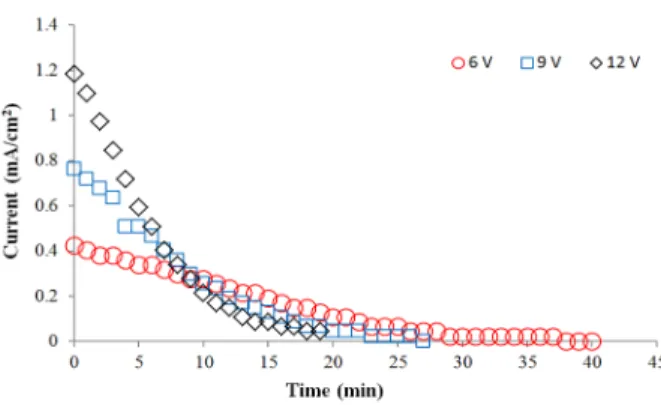 Fig. 6. Changes in current density at three voltages (6, 9,  and 12 volts) with Ilgam synthetic groundwater.
