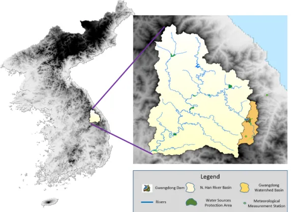 Fig. 1. Location of the Gwangdong Watershed Basin.2. 사례대상지: 광동댐 급수지역 Fig. 1과 같이 광동댐은 남한강유역 중 가장 상류의 표준유역에  위치한다