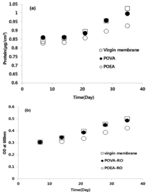 Fig. 11.  Biofilm formation of virgin, POVA-RO and POEA-RO (a)  protein (b)optical density.