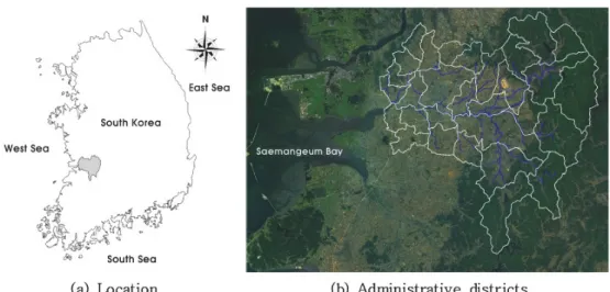 Fig. 1.  Location and administrative districts of the mankyeong river watershed