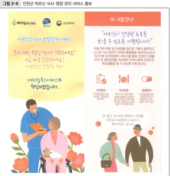 그림 3-6 진천군 어르신 식사·영양 관리 서비스 홍보 자료: 진천군 식사·영양 관리 서비스 홍보물. 노인의 미충족 수요 중 하나는 식사 지원이다. 돌봄이 필요한 독거노인은 증가하나 적절 한 식사 지원 서비스는 부족하다