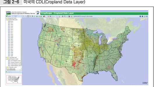 그림 2-6  미국의 CDL(Cropland Data Layer) 자료: https://nassgeodata.gmu.edu/CropScape/ ❍ CDL 자료는 네 개의 주요 입력 정보에 기초하여 만들어진다