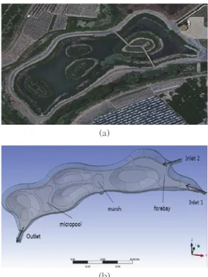 Fig. 1.  A picture (a) and 3-D geometry (b) of Y constructed wetland(a)