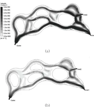 Fig. 2.  Horizontal velocity distribution of the constructed wetland  with an averaged HRT of 2.2 hr (a) and 4.2 hr (b)