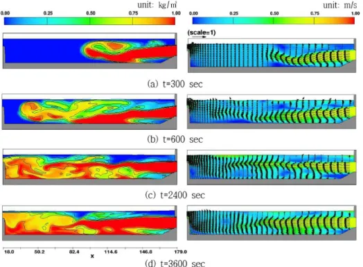 Fig. 6.  Numerical simulation for Case 1 (d s =0.1 mm, concentration 1.0 kg/m 3 ) where left figures show temporal evolution of concentra- concentra-tion and right figures show velocity profiles