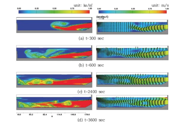 Fig. 7.  Numerical simulation for Case 2 (d s =0.2 mm, concentration 1.0 kg/m 3 ) where left figures indicate temporal evolution of concen- concen-tration and right figures show velocity profiles