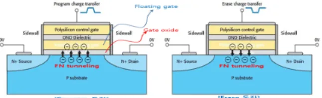 Fig. 1. Bias Condition and Charge Movement on  Program/Erase of an Unit Cell Transistor
