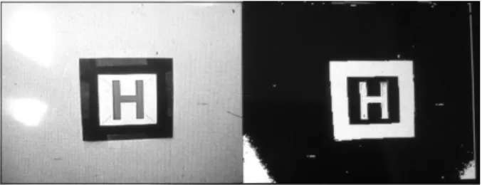 Fig. 9. The extraction of the candidate region for the  marker(left) and its verification(right)