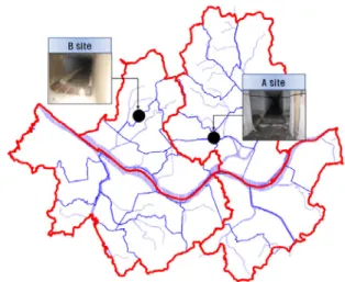 Fig.  1.    The  monitoring  site. 조사지점 유역면적 (ha) 토지이용현황  (%) 관거현황 주택 녹지 상업 도로 기타 합류관거(m) 차집부 A  site 33.73 - - 48 17 35 2.0  x  2.0 D300㎜ B  site 71.05 20 20 1 6 53 2.0  x  1.5 D600㎜