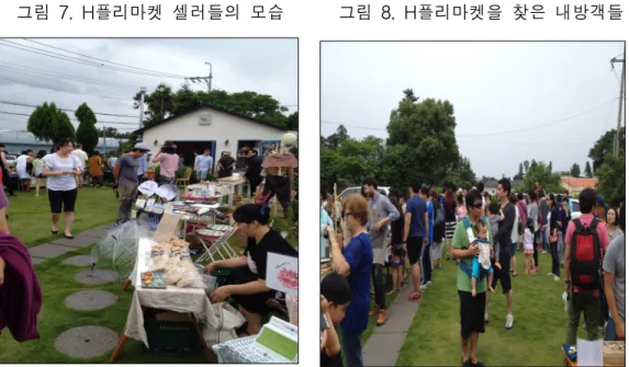 그림  7.  H플리마켓  셀러들의  모습 그림  8.  H플리마켓을  찾은  내방객들 자료:  2014년 6월 22일 필자 촬영 자료:  2014년 6월 22일 필자 촬영 귀촌인(예술가와 외식업에 종사하는 자영업자)들이다