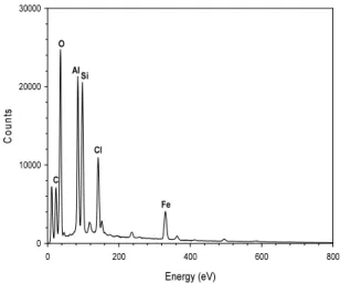 Fig.  3.  EDXA  spectrum  of  the  mixed  powder  following  the  surface  modification  with  FeCl 3   solution  and  clay   목질분말과 수피분말의 적정 혼합비율은 각 분말의 혼합 비율에 따른 유출수에서의 인 제거효율, 흡광도로 측정한 색도의 용출정도, Fe 농도에 따른 인 제거효율, 그리고 분말로부터의 Fe 이온의 용출량에 대한 결과를 기준으로 결정하였다