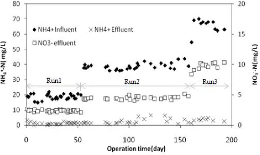 Fig. 6. Changes of NH 4 + -N and NO 3 --N concentration during the operation time.