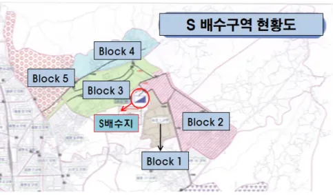 Fig  1.  S  배수구역  현황도 사용할 수 있도록 규정하고 있는 것으로 판단된다. 따라서 1년간 측정된 평균수압과 유사한 결과를 나타낼 수 있는 자료의 단기구축기간설정이  필요한 실정이다