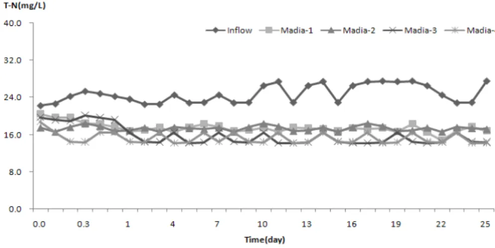 Fig.  6.  Variation  of  T-N  concentration  in  influent  and  effluent  on  media  reactor  during  operating  period