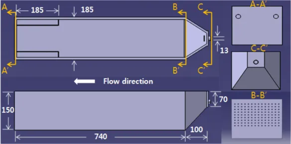 Fig.  1.  Geometry  of  a  bench-scale  rectangular  clarifier 침전지의  표면적을  20%  이상  높게  하여  안전율(safety factor)을 두는 것도 바로 이러한 1-DMFT의 결점 때문이라고 할 수 있다(Ekama and Marais, 2004)