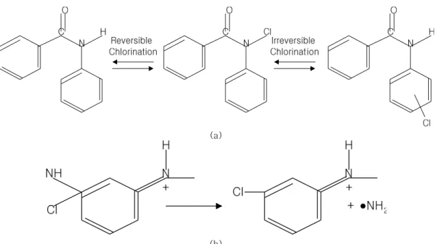 Fig.  2.  Proposed  chlorination  reaction  of  polyamide  (a)  reversible  and  irreversible  chlorination  (Soice  et  al.,  2003),  (b)  electrophillic  chlorination  (Singh,  1994).