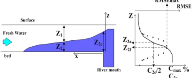 Fig.  6  Definition  of  parameters  and  symbols  for  saltwater  wedge (C 2 e:  염수농도,  Cmax:  Section에서  최대  농도)