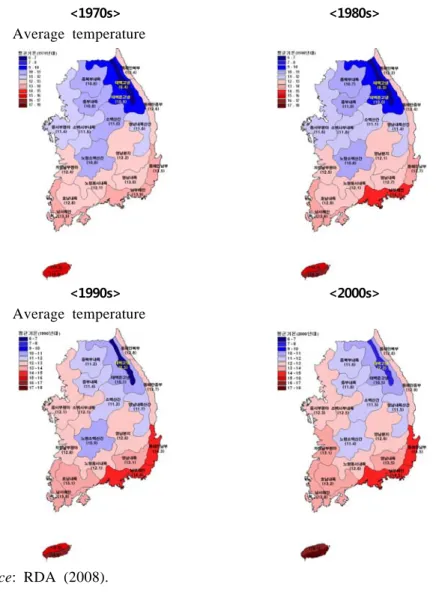 Figure  4-3.    Changes  in  the  average  temperature  of  each  agricultural  climate  zone