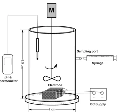 Fig.  1.  Schematic  diagram  of  electro  fenton  process.상당히 낮은 것으로 나타났다. 반면 T-N, 용존 철농도 그리고 전기전도도가 평균 1,150 mg/L, 19 mg/L, 9.8 µS/cm로 일반 활성슬러지에 비해 높게 나타났다
