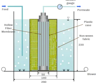 Fig.  1.  Experimental  apparatus  of  submerged  MBR  packed  with  granular  sulfur  and  non-woven  fabric